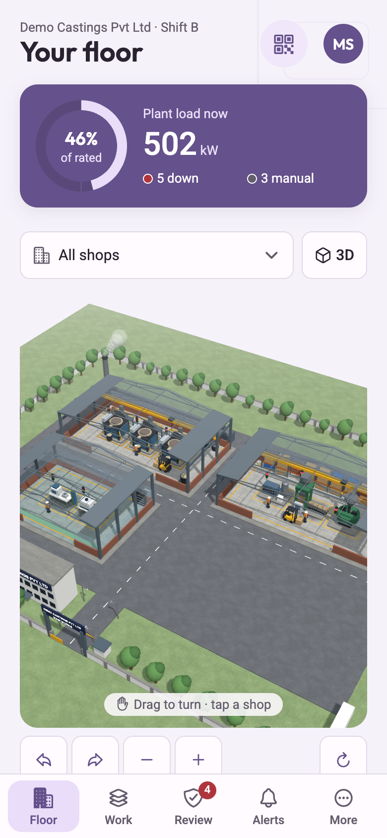 Current ProcessFloor app showing the plant-load card, interactive 3D plant, and Floor, Work, Review, Alerts and More navigation